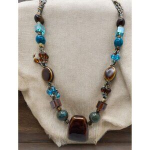 Vintage Beaded Faux Stone Necklace Brown Blue Earth Tones